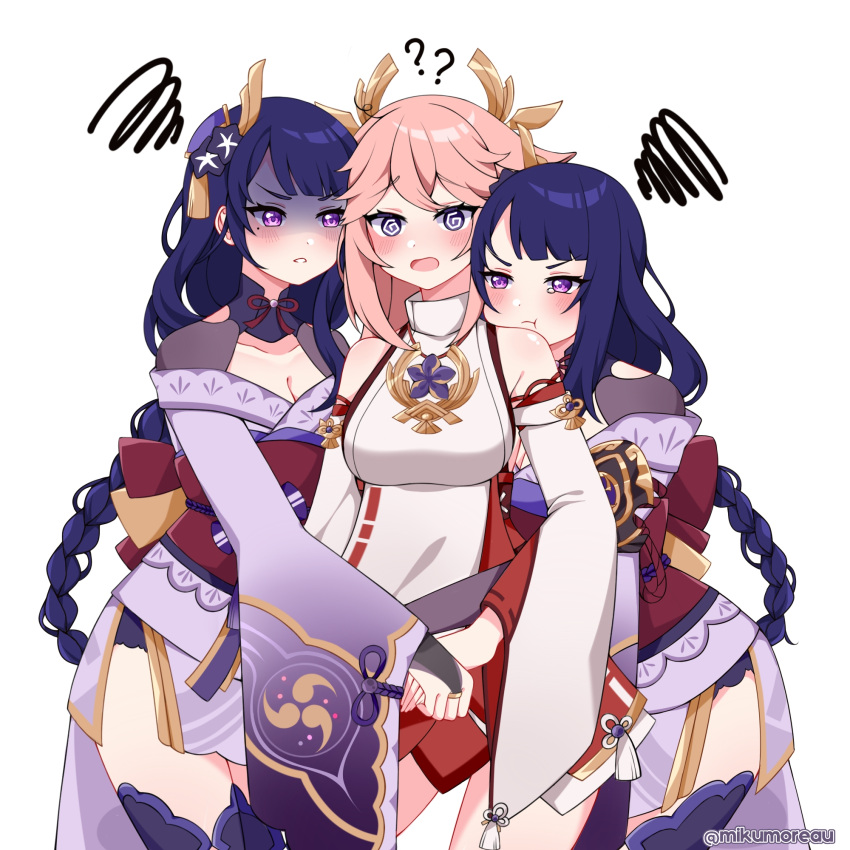 3girls :d :o ? ?? @_@ absurdly_long_hair ahoge animal_ears arm_hug armor bangs blunt_bangs bow bowtie braid braided_ponytail breasts cleavage clone collarbone commentary confused detached_sleeves eyebrows_visible_through_hair fox_ears genshin_impact hair_between_eyes hair_ornament highres hug japanese_clothes long_hair long_sleeves low_ponytail mikumoreau mole mole_under_eye multiple_girls obi open_mouth parted_lips pink_hair purple_eyes purple_hair raiden_shogun ribbon-trimmed_sleeves ribbon_trim sash shaded_face shoulder_armor sidelocks simple_background single_braid smile twitter_username very_long_hair white_background wide_sleeves yae_(genshin_impact)