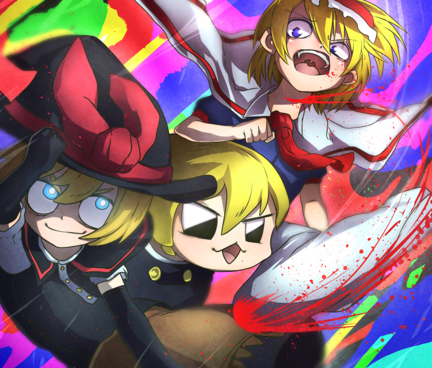 3girls absurdres alice_margatroid bangs black_capelet black_eyes black_gloves black_headwear black_skirt black_vest blonde_hair blood blue_dress blue_eyes bow capelet closed_mouth commentary_request cookie_(touhou) cowboy_shot dress elbow_gloves gloves hat hat_bow highres ichigo_(cookie) kirisame_marisa long_hair looking_at_another meguru_(cookie) multicolored_background multiple_girls necktie niwarhythm open_mouth red_bow red_necktie short_hair skirt sleeves_past_fingers sleeves_past_wrists slit_throat smile touhou vest white_capelet witch_hat yuuhi_(cookie)