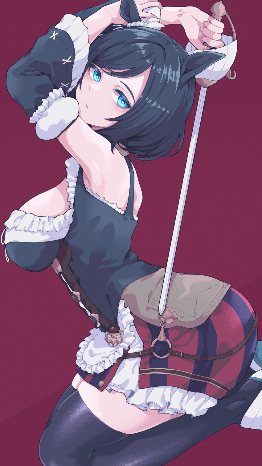 1girl absurdres animal_ears black_hair black_legwear blue_eyes blue_skirt breasts detached_sleeves eishin_flash_(umamusume) highres holding holding_sword holding_weapon horse_ears horse_girl kneeling large_breasts looking_at_viewer no_tail rapier red_background red_skirt short_hair simple_background skirt solo striped striped_skirt sword thighhighs thighs tokufumi two-tone_skirt umamusume vertical-striped_skirt vertical_stripes weapon zettai_ryouiki