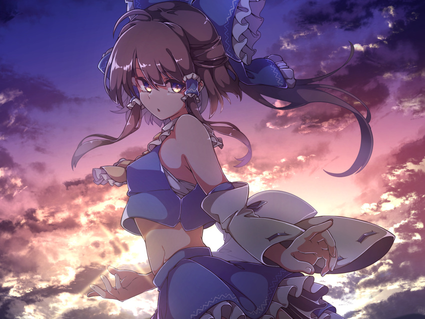 1girl alternate_color ascot bandages bangs bare_shoulders blue_bow blue_shirt blue_skirt blue_sky bow breasts brown_hair cloud cloudy_sky collared_shirt detached_sleeves eyebrows_visible_through_hair gokuu_(acoloredpencil) gradient gradient_sky hair_between_eyes hair_ornament hair_tubes hakurei_reimu highres long_sleeves looking_at_viewer medium_breasts multicolored_eyes multicolored_sky open_mouth orange_sky pink_sky player_2 ponytail purple_eyes purple_sky shadow shirt short_hair skirt sky solo sun sunlight sunset touhou white_sleeves wide_sleeves yellow_ascot yellow_eyes yellow_sky
