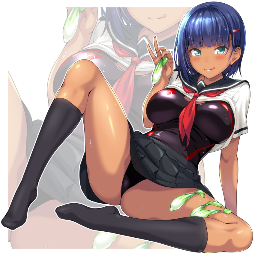 1girl :q arm_support bangs black_legwear black_skirt blue_hair blunt_bangs blush bob_cut breasts cage_unlimited closed_mouth clothes_lift competition_swimsuit condom dark-skinned_female dark_skin eyebrows_visible_through_hair full_body green_eyes hair_behind_ear hair_ornament hairclip highres holding holding_condom kanagi_haruka knee_up kneehighs large_breasts leaning_back looking_at_viewer neckerchief no_shoes one-piece_swimsuit original pleated_skirt red_neckerchief sailor_collar school_uniform serafuku shiny shiny_skin shiny_swimsuit shirt shirt_lift short_hair short_sleeves sitting skirt skirt_lift smile solo spread_legs swimsuit swimsuit_under_clothes tan tongue tongue_out used_condom wet wet_hair white_background white_shirt