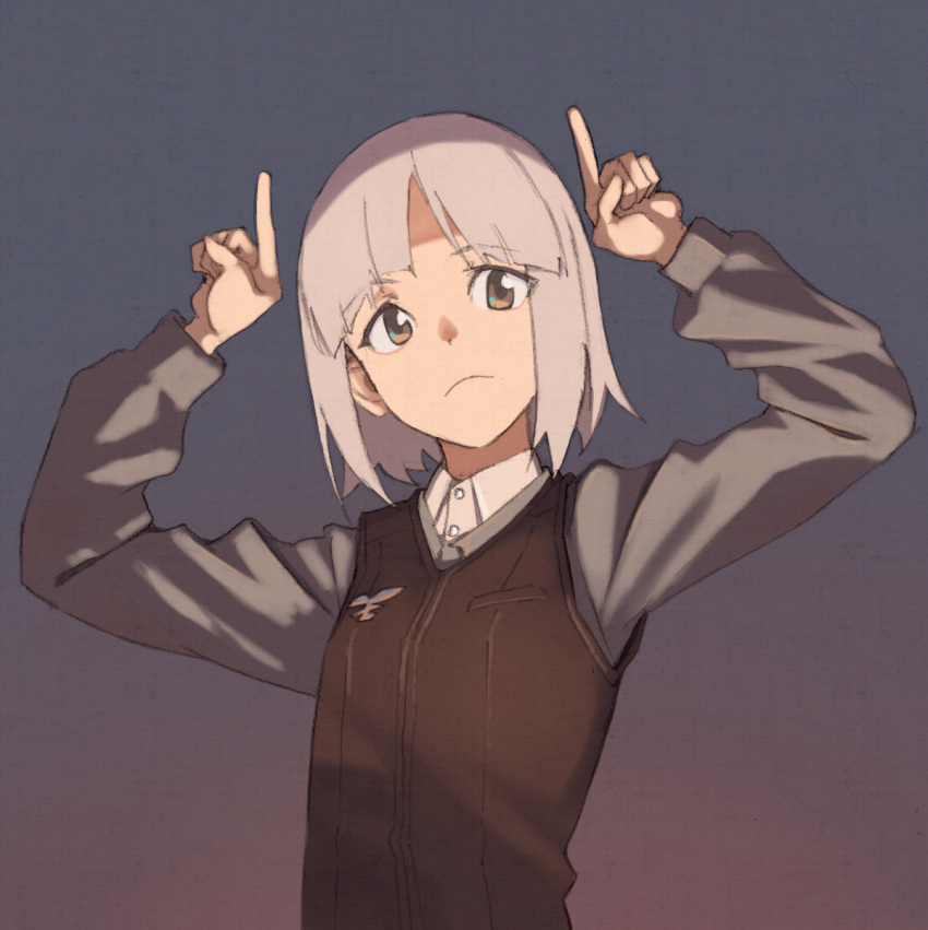 1girl bob_cut brave_witches brown_eyes commentary_request dark edytha_rossmann faux_traditional_media frown gradient gradient_background hand_gesture hands_up highres horns_pose shiratama_(hockey) short_hair silver_hair solo texture upper_body vest world_witches_series