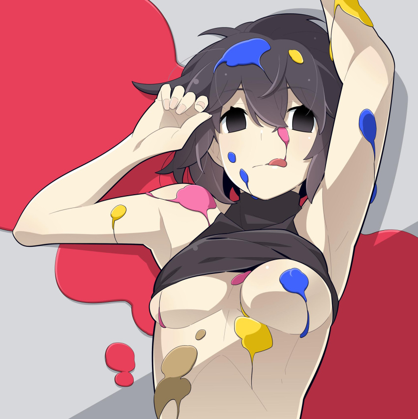 1girl :p arm_up armpits bangs black_eyes black_hair black_shirt breasts clothes_lift commentary convenient_censoring cropped_shirt empty_eyes hair_between_eyes hair_strand hand_to_head highres licking light_frown looking_at_viewer lying medium_breasts messy messy_hair monogatari_(series) on_back oshino_ougi paint_on_body paint_splatter paint_splatter_on_face puddle shadow shirt shirt_lift short_hair sleeveless sleeveless_turtleneck solo tongue tongue_out turtleneck underboob upper_body yamanami_kousuke