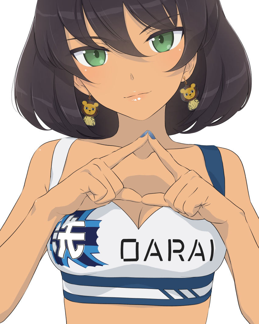 1girl akagi_(fmttps) alternate_costume black_hair blue_nails breasts cleavage closed_mouth clothes_writing collarbone earrings emblem eyebrows_visible_through_hair fingernails girls_und_panzer girls_und_panzer_senshadou_daisakusen! green_eyes hair_between_eyes highres hoshino_(girls_und_panzer) jewelry light_smile lips looking_at_viewer medium_breasts nail_polish official_alternate_costume ooarai_(emblem) race_queen short_hair simple_background smile solo upper_body white_background
