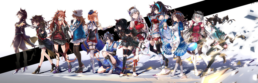 6+girls absurdres animal_ears annotated aqua_eyes ascot asymmetrical_footwear bad_id bad_pixiv_id bandaged_leg bandages bangs bare_shoulders beanie belt black_dress black_hair black_legwear blue_eyes boots breasts brown_hair bubble_blowing candy character_name detached_sleeves dream_journey_(racehorse) dress ear_bow ear_ornament ears_through_headwear epaulettes eyebrows_visible_through_hair fenomeno_(racehorse) fingerless_gloves food genderswap genderswap_(mtf) gloves goggles goggles_on_head gold_ship_(umamusume) grejpfrut_cvet grey_eyes grey_hair hair_between_eyes hair_ornament hand_in_hair hand_on_own_chest hat headphones headphones_around_neck high_heels highres holding holding_candy holding_food hood hood_up horse_ears horse_girl horse_tail indy_champ_(racehorse) jacket jewelry kin'iro_ryotei_(umamusume) light_brown_hair long_hair long_sleeves mask messy_hair mini_hat mismatched_footwear mouth_hold mouth_mask multiple_girls nakayama_festa_(umamusume) nakayama_knight_(racehorse) necklace ocean_blue_(racehorse) oju_chosan_(racehorse) one_knee open_clothes open_jacket orfevre_(umamusume) original personification pillbox_hat pink_eyes purple_eyes rainbow_line_(racehorse) red_eyes sailor_collar scarf see-through see-through_jacket shadow shoes short_hair shorts shorts_under_skirt single_epaulette single_fingerless_glove skirt sleeveless sleeveless_jacket standing standing_on_one_leg tail thighhighs umamusume white_gloves white_legwear win_bright_(racehorse)