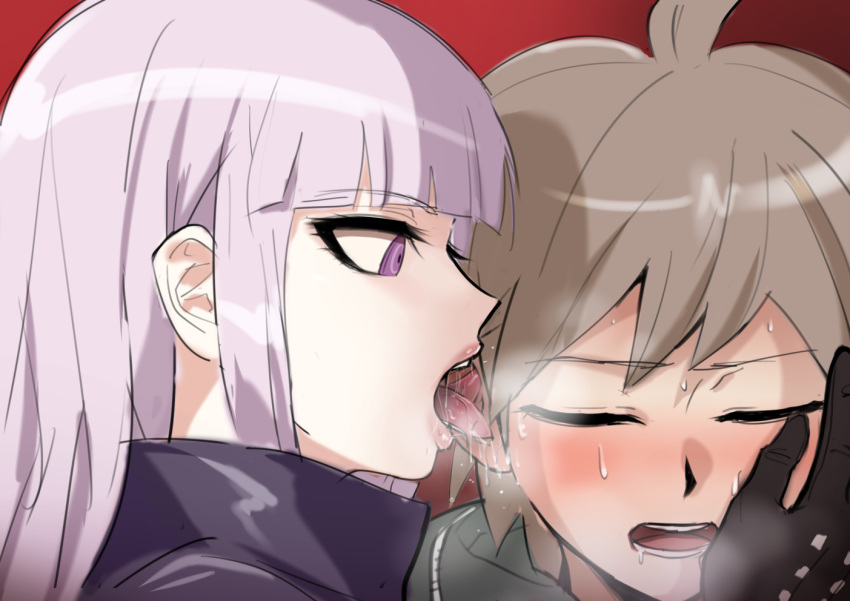 1boy 1girl ahoge akisora bangs black_gloves blunt_bangs blush brown_hair closed_eyes commentary_request danganronpa:_trigger_happy_havoc danganronpa_(series) eyebrows_visible_through_hair from_side gloves gradient gradient_background hand_on_another's_face kirigiri_kyouko licking licking_ear naegi_makoto open_mouth profile purple_eyes purple_hair red_background saliva shiny shiny_hair short_hair sweat teeth tongue tongue_out