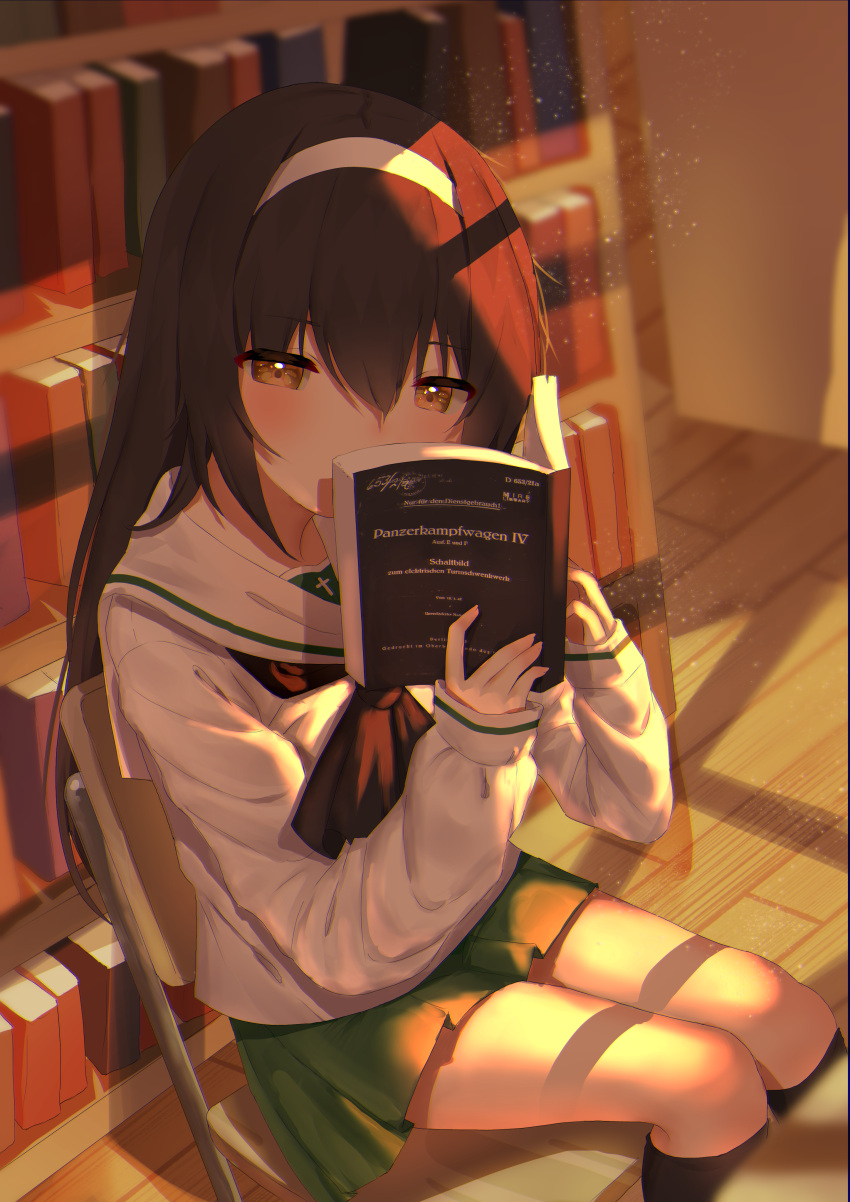 1girl absurdres bangs black_legwear black_neckwear bookshelf brown_eyes brown_hair collared_shirt dusk eyebrows_visible_through_hair girls_und_panzer green_skirt hair_between_eyes hairband highres holding indoors kneehighs light_particles long_hair long_sleeves miniskirt ooarai_school_uniform pleated_skirt reizei_mako sailor_collar sailor_shirt school_uniform serafuku shirt sitting skirt slepp solo white_hairband white_sailor_collar white_shirt wooden_floor