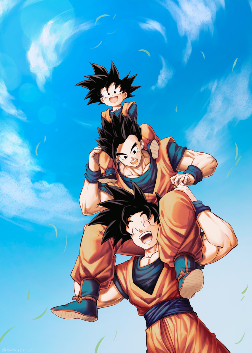 3boys :d ^_^ black_eyes black_hair blue_footwear blue_sky blurry bokeh boots brothers carrying closed_eyes cloud d: day depth_of_field dougi dragon_ball dragon_ball_z dutch_angle father_and_son fingernails fisheye full_body grass hands_on_another's_knees hands_on_another's_leg happy highres looking_at_another looking_down male_focus mattari_illust multiple_boys open_mouth outdoors shoulder_carry siblings sky smile son_gohan son_goku son_goten spiked_hair standing teeth upper_body wind wind_lift wristband