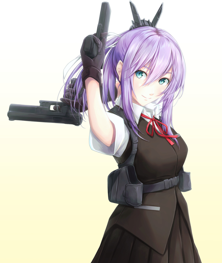 1girl absurdres aqua_eyes arm_up bangs black_gloves black_hair black_vest blush closed_mouth dress_shirt gloves gradient gradient_background gun hair_between_eyes hair_ribbon handgun headgear highres holding junk_life kantai_collection looking_at_viewer medium_hair pink_hair pistol pleated_skirt ponytail red_ribbon ribbon school_uniform shiranui_(kancolle) shirt short_sleeves skirt smile solo uniform upper_body vest weapon white_background white_ribbon white_shirt yellow_background