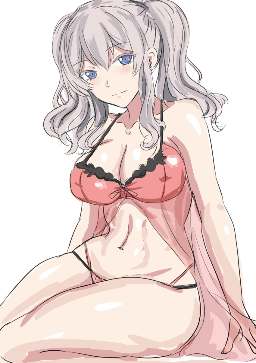 1girl absurdres blue_eyes breasts cleavage commentary_request highres kantai_collection kashima_(kancolle) ken_(shutenndouji1) large_breasts panties pink_babydoll pink_panties sidelocks silver_hair simple_background sitting solo twintails underwear underwear_only wavy_hair white_background yokozuwari