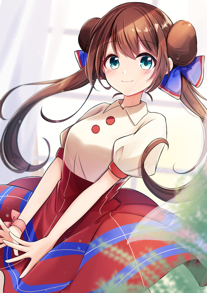 1girl absurdres bangs blue_ribbon blush breasts brown_hair buttons closed_mouth collared_shirt commentary_request double_bun floating_hair goma_(nabepa_nabepa) green_eyes hair_ribbon highres long_hair pink_ribbon pokemon pokemon_(game) pokemon_bw2 pokestar_studios red_skirt ribbon rosa_(pokemon) school_uniform shiny shiny_hair shirt short_sleeves skirt smile solo twintails white_shirt wrist_ribbon