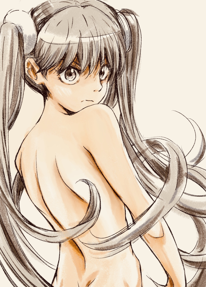 1girl absurdres back bangs closed_mouth commentary completely_nude from_behind frown grey_eyes highres long_hair looking_at_viewer looking_back monogatari_(series) musaki_(msaki666) nude oikura_sodachi scrunchie silver_hair solo twintails very_long_hair white_background white_scrunchie