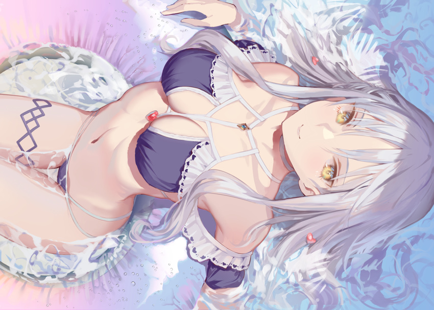 1girl bangs bare_shoulders bikini breasts caren_hortensia caren_hortensia_(amor_caren) cleavage closed_mouth collarbone commentary_request day fate/grand_order fate_(series) from_above hair_ornament heart heart_hair_ornament innertube long_hair looking_at_viewer looking_up medium_breasts navel outdoors purple_bikini ritsuki shallow_water silver_hair sitting smile solo swimsuit thigh_gap thigh_strap very_long_hair water yellow_eyes