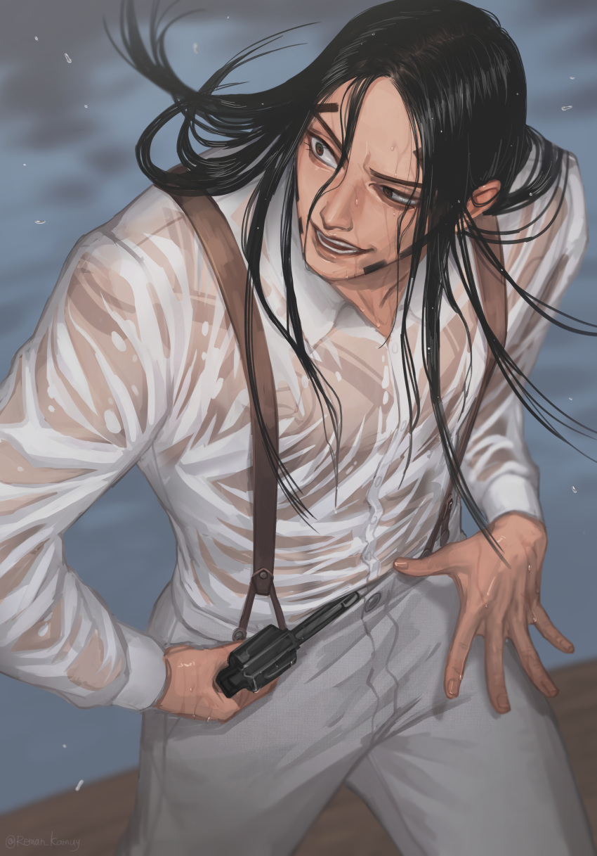 1boy :o absurdres black_eyes black_hair facial_hair golden_kamuy gun highres holding holding_gun holding_weapon long_sleeves male_focus oosawa_fusatarou outdoors pants reman_kamuy see-through shirt solo standing suspenders weapon wet wet_clothes wet_shirt white_shirt