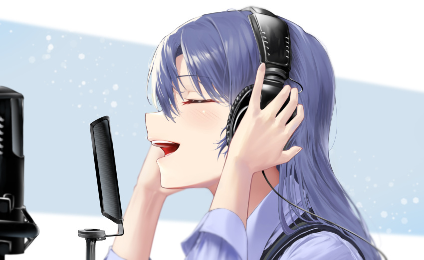 1girl absurdres blue_hair blue_shirt blush closed_eyes hands_on_headphones headphones highres holding holding_headphones idolmaster idolmaster_(classic) idolmaster_million_live! kisaragi_chihaya marrrrrr microphone music pop_filter portrait profile round_teeth shirt simple_background singing solo teeth two-tone_background vest