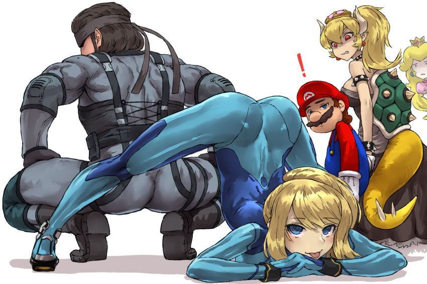 ! 2boys 3girls arched_back arm_rest armlet ass bare_shoulders black_collar black_dress black_hair blonde_hair blue_bodysuit blue_eyes bodysuit boots bowsette bracelet broly_culo_(meme) clenched_teeth collar crown distracted_boyfriend_(meme) dress earrings eyebrows_visible_through_hair flexible gloves half-closed_eye hands_on_ground haraya_manawari harness headband height_difference high_ponytail highres holding_hands horns jack-o'_challenge jealous jewelry long_hair long_sleeves looking_at_another looking_at_viewer mario mario_(series) meme metal_gear_(series) metal_gear_solid metroid multiple_boys multiple_girls new_super_mario_bros._u_deluxe overalls plectrum pointy_ears pose princess_peach red_eyes samus_aran short_hair simple_background skin_tight smile sneaking_suit solid_snake spiked_armlet spiked_bracelet spiked_shell spiked_tail spikes spread_legs squatting strapless strapless_dress stretch super_crown super_mario_bros. super_smash_bros. sweatshirt tail teeth tiptoes too_many_memes top-down_bottom-up turtle_shell white_background wide_spread_legs zero_suit