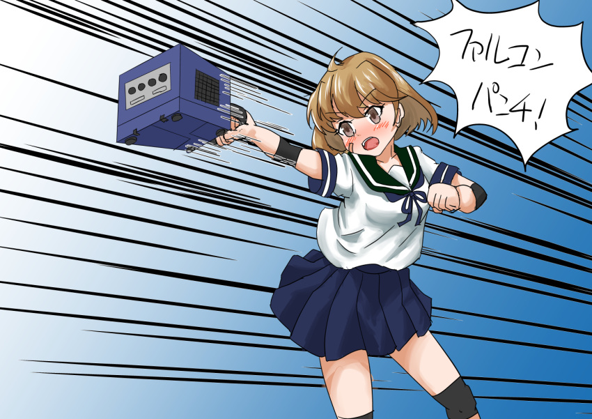 1girl bandaid bandaid_on_face blue_sailor_collar blue_skirt brown_eyes brown_hair commentary_request elbow_pads game_console gamecube holding kantai_collection knee_pads nintendo oboro_(kancolle) open_mouth pleated_skirt pose punching remodel_(kantai_collection) sailor_collar school_uniform senon serafuku short_hair skirt solo speed_lines