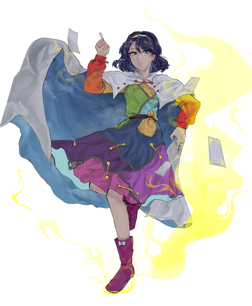 1girl absurdres bangs blue_eyes blue_hair bow cape card cloak dress from_below full_body hairband highres idkrn looking_at_viewer looking_down multicolored_clothes multicolored_dress multicolored_hairband patchwork_clothes pointing pointing_down pointing_up purple_footwear rainbow_gradient red_button short_hair sky_print solo tenkyuu_chimata touhou two-sided_cape two-sided_fabric white_cape white_cloak