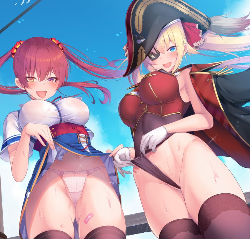 2girls akai_haato alternate_costume aqua_eyes ass_visible_through_thighs bangs bicorne blonde_hair blush breasts clothes_lift commentary commentary_request cosplay costume_switch covered_navel cowboy_shot eyepatch hair_ornament hair_ribbon hat heart heart_hair_ornament heterochromia highleg highleg_leotard highres hololive houshou_marine large_breasts leotard leotard_pull leotard_under_clothes lifted_by_self long_hair looking_at_viewer medical_eyepatch multiple_girls nipples no_eyepatch one_side_up open_mouth panties partial_commentary pirate pirate_hat pulled_by_self red_eyes red_hair red_ribbon revision ribbon see-through self_wedgie sheer_leotard skirt skirt_lift thong_leotard underwear very_long_hair virtual_youtuber wedgie wet wet_clothes yellow_eyes yoshiheihe