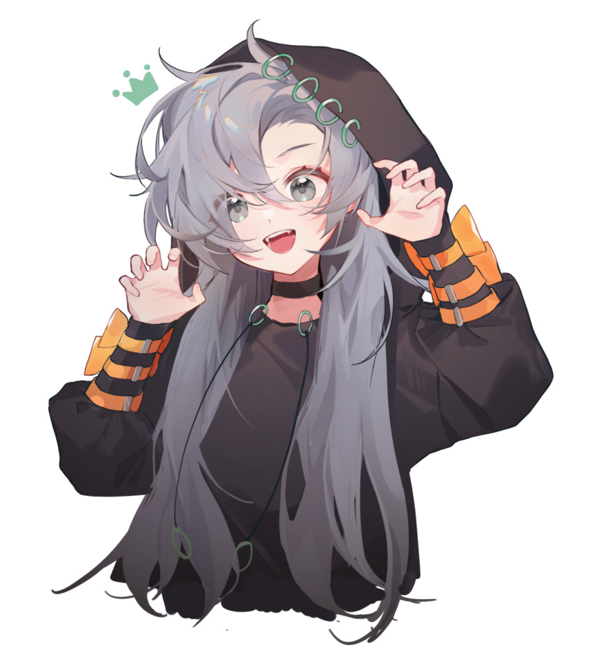 1girl alternate_costume arin_(fanfan013) black_choker choker claw_pose crown eyes_visible_through_hair grey_eyes grey_hair highres himemushi_momoyo hood hood_up hooded_vest hoodie open_mouth ribbon simple_background solo teeth tongue touhou vest white_background
