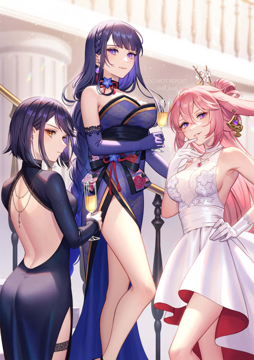 3girls alcohol alternate_costume animal_ears armpits bare_back bird_mask black_hair blurry braid braided_ponytail breasts choker cleavage cup depth_of_field dress drinking_glass earrings elbow_gloves esukee formal fox_ears genshin_impact gloves hair_ornament highres holding holding_cup japanese_clothes jewelry kujou_sara low_ponytail mask mole mole_under_eye multiple_girls necklace obi parted_lips pillar pink_hair purple_eyes purple_gloves purple_hair raiden_shogun sash see-through side_slit sideboob single_braid strapless vision_(genshin_impact) white_dress wine wine_glass yae_(genshin_impact) yellow_eyes