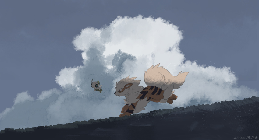 arcanine celebi cloud commentary_request dated day flying from_side highres leels no_humans outdoors pokemon pokemon_(creature) running sky