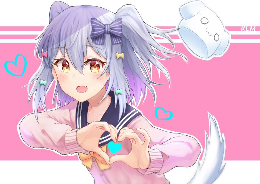 1boy :d absurdres bad_id bad_pixiv_id blue_hair blush bow cardigan dog_tail fang hair_bow heart heart_hands highres inuyama_tamaki jtleeklm long_sleeves looking_away male_focus noripro open_mouth orange_hair otoko_no_ko pink_cardigan sailor_collar school_uniform serafuku smile tail two_side_up virtual_youtuber