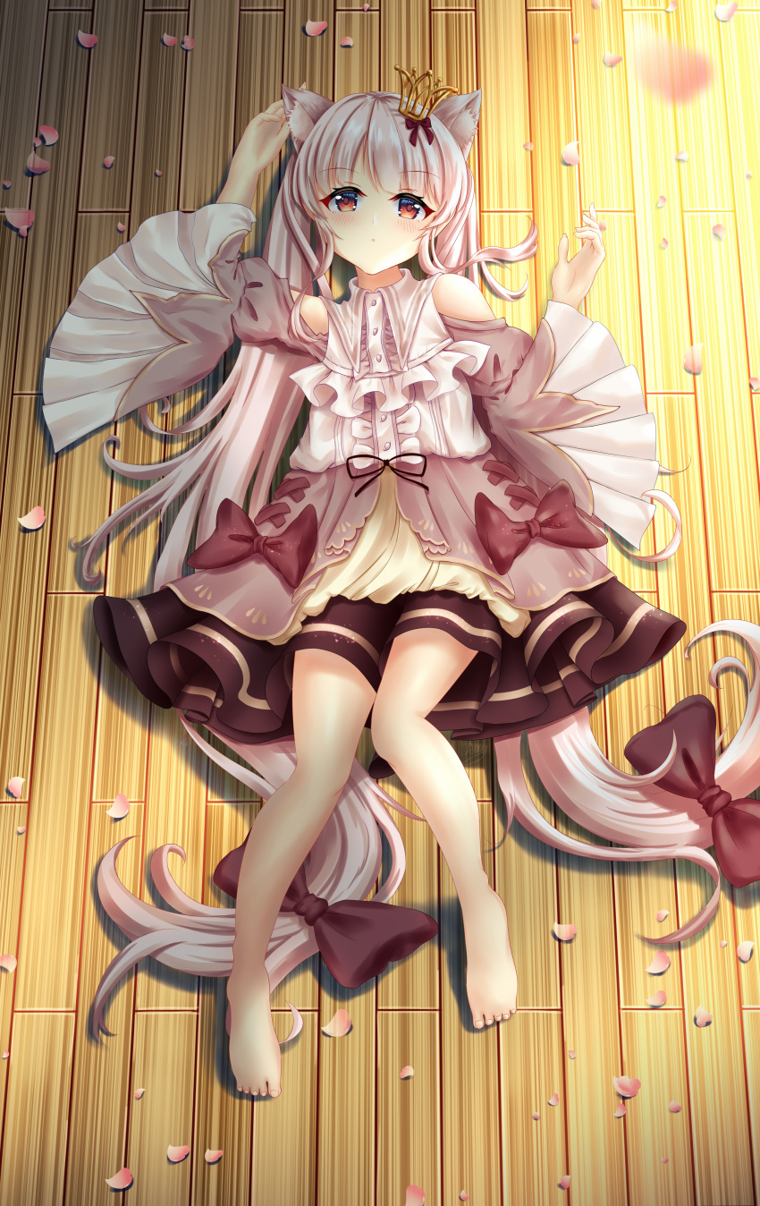 1boy absurdres animal_ear_fluff animal_ears arm_up auiy bad_feet barefoot blush bow cherry_blossoms dress dress_bow full_body hair_bow hair_ornament highres long_hair low-tied_long_hair lying nanaha_rui on_back otoko_no_ko red_eyes twintails virtual_youtuber wactor_production wide_sleeves