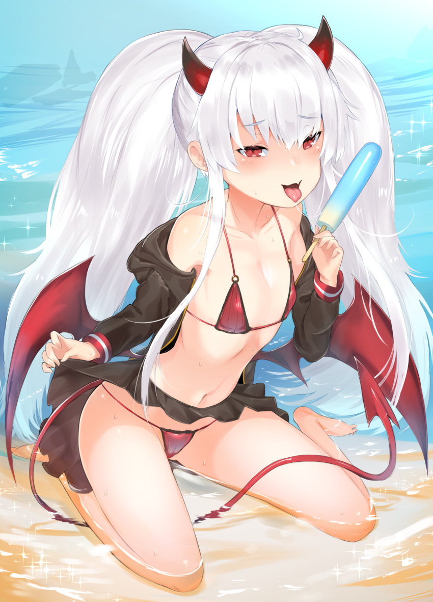 1girl absurdres bad_feet beach big_hair bikini blush brown_jacket brown_skirt fang flat_chest food grim_aloe highres holding horns jacket long_hair long_sleeves looking_at_viewer navel ocean open_clothes open_jacket popsicle quiz_magic_academy_the_world_evolve red_bikini red_eyes saliva saliva_trail sand sitting skin_fang skirt smile solo sweat swimsuit tongue tongue_out twintails unizou wariza white_hair wings