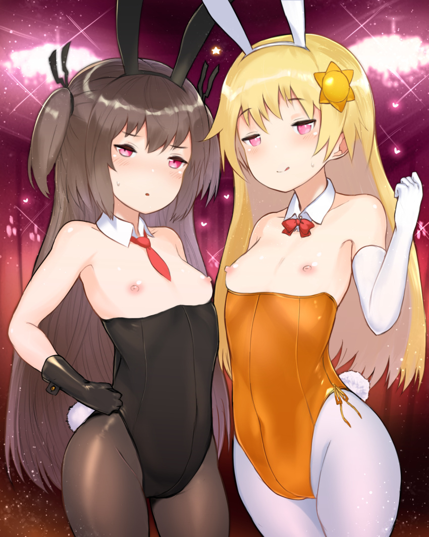 2girls :q animal_ears black_gloves black_leotard blush bow bowtie breasts brown_hair brown_legwear cowboy_shot detached_collar elbow_gloves fake_animal_ears fake_tail gloves hair_ornament half-closed_eyes highres leotard looking_at_viewer multiple_girls necktie nipples orange_leotard pantyhose petite pink_eyes playboy_bunny rabbit_ears rabbit_tail red_bow red_neckwear short_necktie small_breasts smile standing strapless strapless_leotard tail tongue tongue_out topless two_side_up unizou viprpg white_gloves white_legwear wing_collar