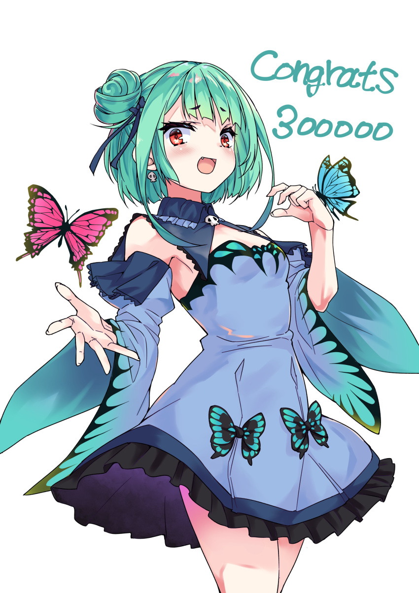1girl absurdres blue_dress breasts bug butterfly commentary_request congratulations detached_collar detached_sleeves double_bun dress earrings green_hair highres hololive jewelry koyashi24 open_mouth orange_eyes skull_earrings small_breasts smile solo strapless strapless_dress uruha_rushia virtual_youtuber wide_sleeves