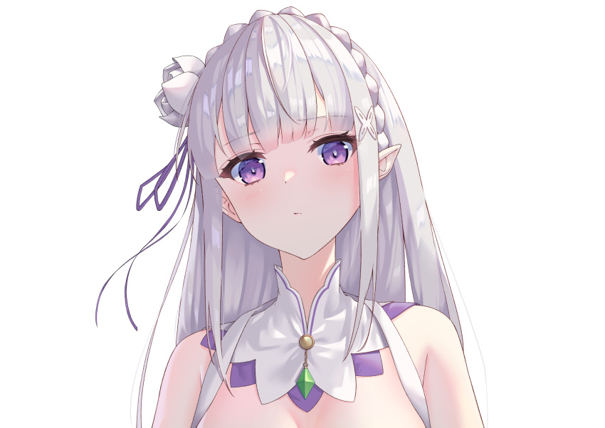 1girl absurdres bangs bare_shoulders blunt_bangs blush braid closed_mouth crown_braid emilia_(re:zero) eyebrows_visible_through_hair flower grey_flower grey_hair hair_flower hair_ornament hair_ribbon highres long_hair looking_at_viewer pointy_ears purple_eyes purple_ribbon re:zero_kara_hajimeru_isekai_seikatsu ribbon shiny shiny_hair simple_background solo tsunobue upper_body white_background