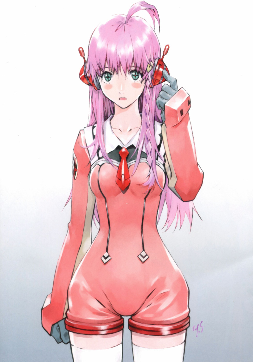 1girl absurdres ahoge breasts buster_machine_7 gainax green_eyes highres long_hair looking_at_viewer medium_breasts necktie nono_(top_wo_nerae_2!) official_art pink_hair sadamoto_yoshiyuki solo top_wo_nerae_2! traditional_media