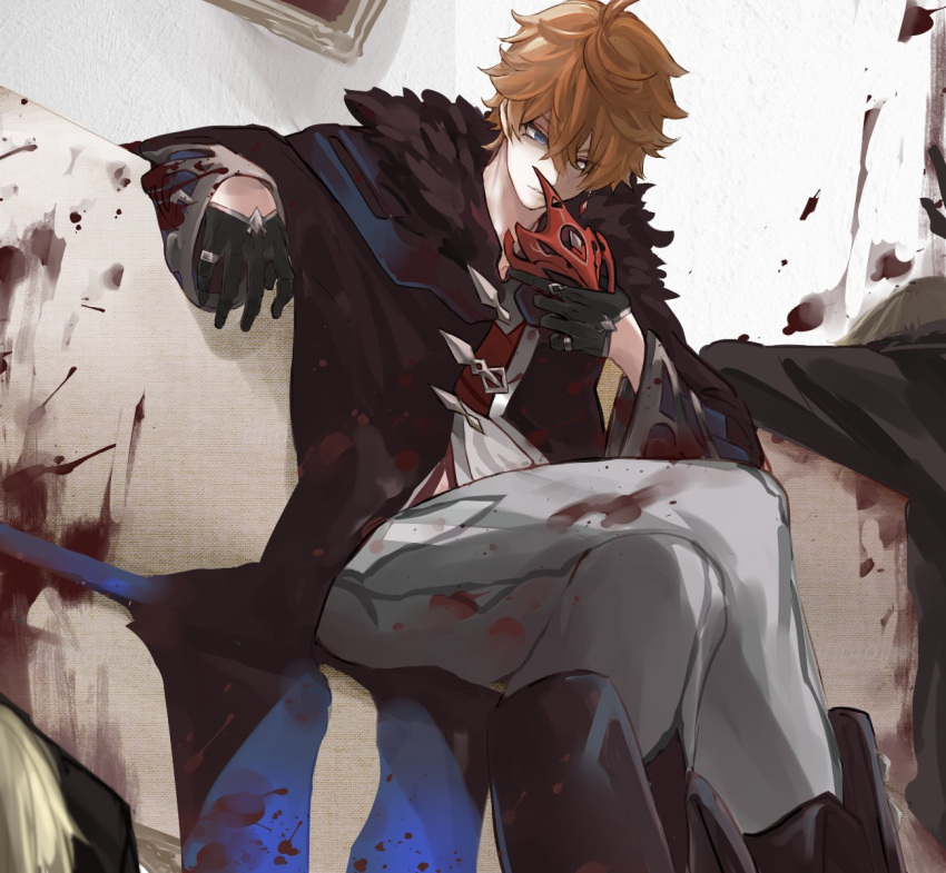 1boy bangs black_gloves blood blood_on_clothes blood_splatter blue_eyes closed_mouth coat corpse crossed_legs fur-trimmed_coat fur_trim genshin_impact gloves grey_jacket grey_pants hair_between_eyes hair_over_one_eye half_gloves highres holding holding_mask jacket long_coat male_focus mask mask_removed murder one_eye_covered orange_hair pants penyo1989 red_mask short_hair sitting solo tartaglia_(genshin_impact)