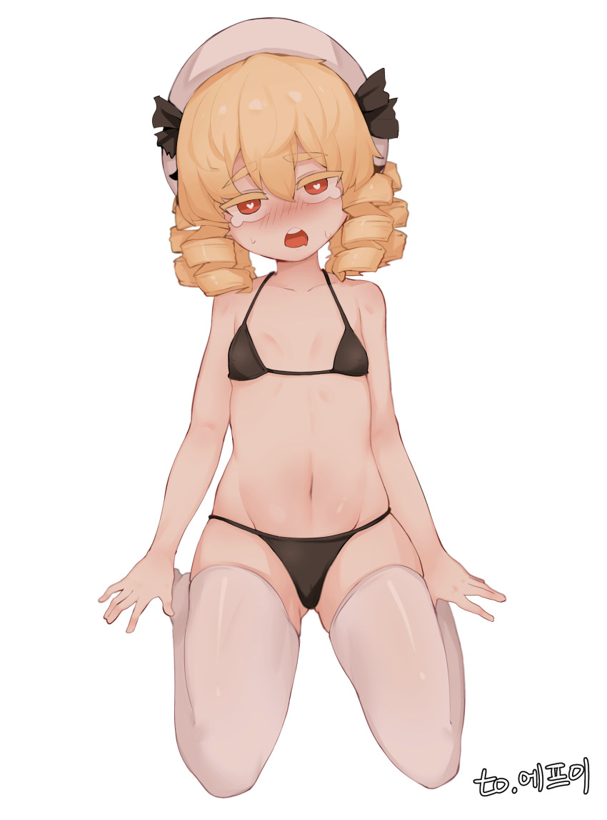 1girl \||/ ass_visible_through_thighs bad_id bad_pixiv_id bangs bare_shoulders beret bikini black_bikini blonde_hair blurry blush bright_pupils collarbone commentary_request depth_of_field doro_au drill_hair drooling eyebrows_visible_through_hair flat_chest full_body groin hair_between_eyes half-closed_eyes hat head_tilt heart heart-shaped_pupils highres looking_at_viewer luna_child medium_hair mouth_drool navel no_wings nose_blush open_mouth red_eyes round_teeth seiza simple_background sitting solo sweat swimsuit symbol-shaped_pupils tearing_up teeth thick_eyebrows thighhighs touhou upper_body white_background white_headwear white_legwear white_pupils