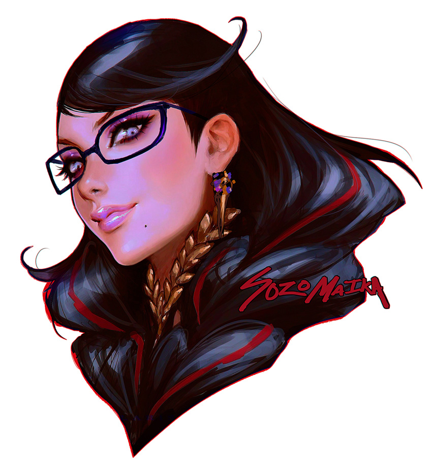 1girl bangs bayonetta bayonetta_(series) bayonetta_3 black_hair braid earrings glasses gloves highres jewelry lipstick long_hair looking_at_viewer makeup mole mole_under_mouth multicolored_hair red_hair simple_background smile solo sozomaika streaked_hair twin_braids