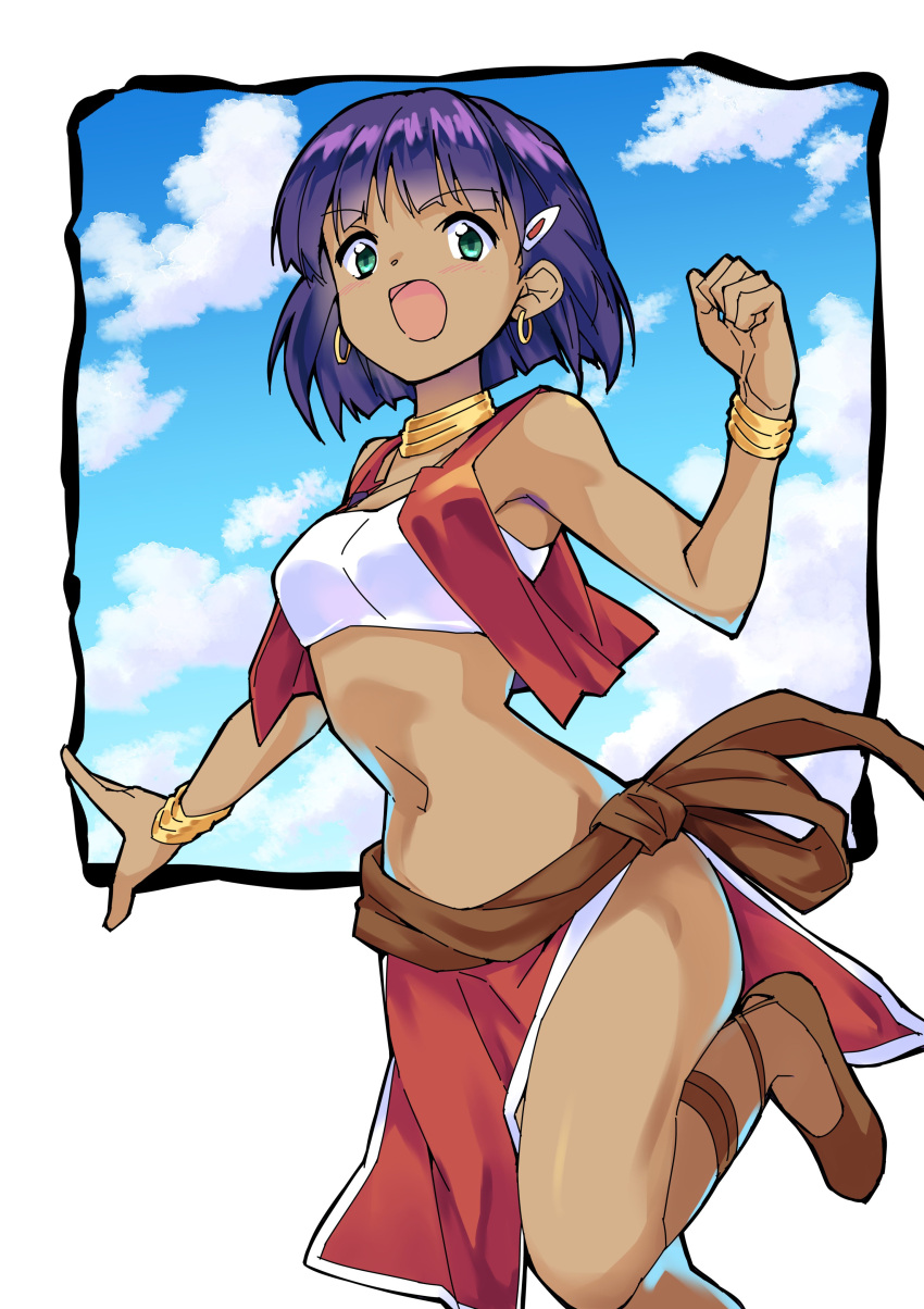 1girl absurdres bandeau cloud commentary_request dark-skinned_female dark_skin earrings fushigi_no_umi_no_nadia green_eyes highres jewelry koyashi24 medium_hair midriff nadia_la_arwall navel neck_ring open_mouth purple_hair red_skirt skirt smile solo vest wrist_cuffs