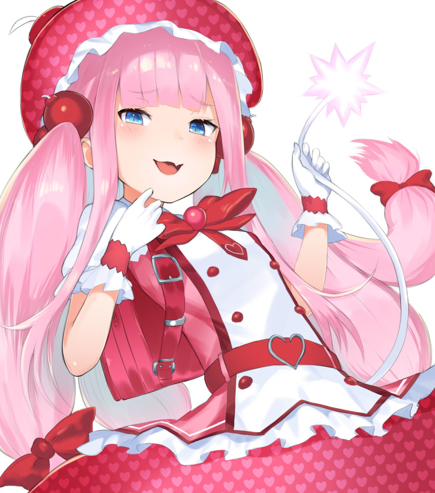 1girl backpack bag belt big_hair blue_eyes bombergirl buttons double-breasted eyebrows_visible_through_hair fang gloves hand_up hands_up hat heart heart_print highres long_hair looking_at_viewer momoko_(bombergirl) pink_hair randoseru red_belt red_headwear simple_background skin_fang smile smug solo twintails unizou unmoving_pattern very_long_hair white_background white_gloves