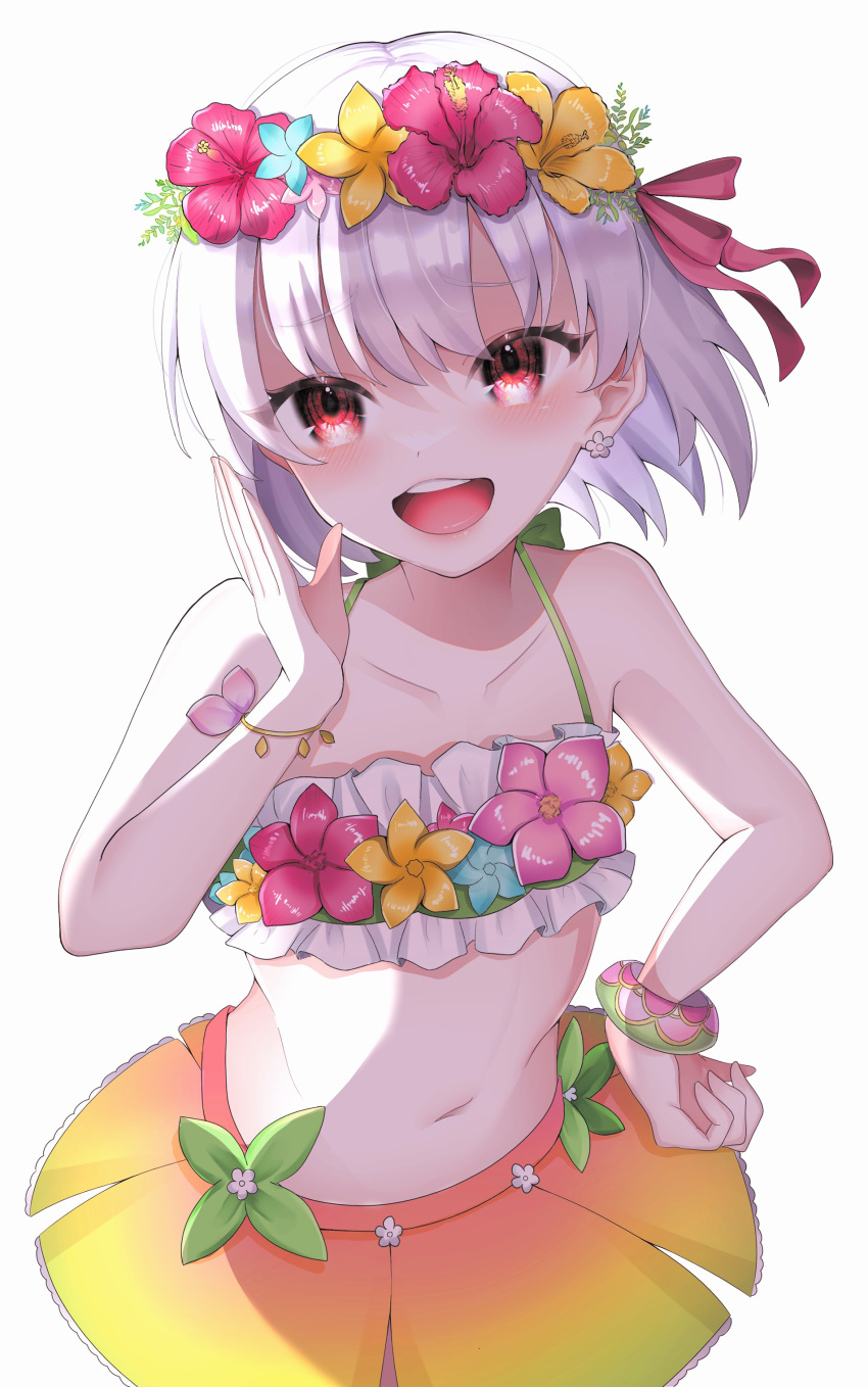 1girl absurdres bangs bare_shoulders bikini blush breasts collarbone earrings eyebrows_visible_through_hair fate/grand_order fate_(series) flower_earrings flower_wreath funa_(funafuna_001) green_bikini hair_ribbon head_wreath highres jewelry kama_(fate) kama_(swimsuit_avenger)_(fate) looking_at_viewer miniskirt navel open_mouth rainbow_skirt red_eyes ribbon short_hair silver_hair skirt small_breasts smile solo swimsuit tongue