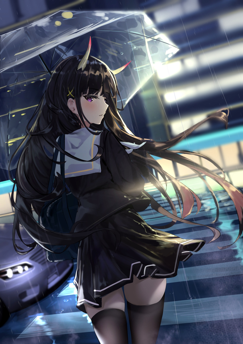 1girl absurdres azur_lane backlighting bag bangs black_hair black_legwear black_serafuku black_shirt black_skirt blush car crosswalk eyebrows_visible_through_hair ground_vehicle hair_ornament highres horns lemontea_(ekvr5838) long_hair long_sleeves looking_at_viewer looking_back miniskirt motor_vehicle night noshiro_(azur_lane) outdoors parted_lips purple_eyes road school_bag school_uniform serafuku shirt skirt street thighhighs transparent transparent_umbrella umbrella very_long_hair x_hair_ornament zettai_ryouiki