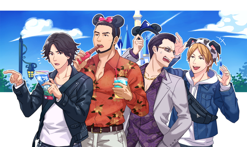 4boys :d animal_ears beard belt black_hair blonde_hair blue_jacket bow chain day drinking_straw eating facial_hair fake_animal_ears fanny_pack gold_chain grey_suit hand_in_pocket higashi_tooru jacket judge_eyes kaito_masaharu lamppost md5_mismatch mickey_mouse_ears multiple_boys nashigawa open_mouth orange_shirt pink_bow purple_shirt shirt smile sugiura_fumiya sweatdrop white_shirt yagami_takayuki