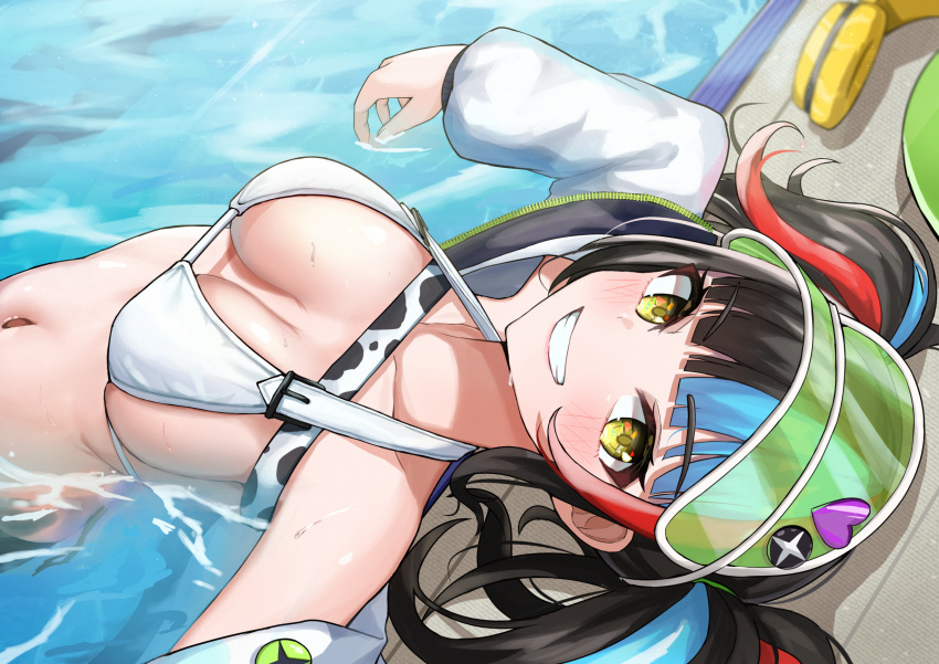 1girl bikini black_hair blue_hair boo_iro breasts fate/grand_order fate_(series) green_headwear headphones headphones_removed highres jacket long_sleeves md5_mismatch medium_breasts multicolored_hair navel pool red_hair sei_shounagon_(fate) sei_shounagon_(swimsuit_berserker)_(fate) smile streaked_hair swimsuit twintails visor_cap white_bikini white_jacket