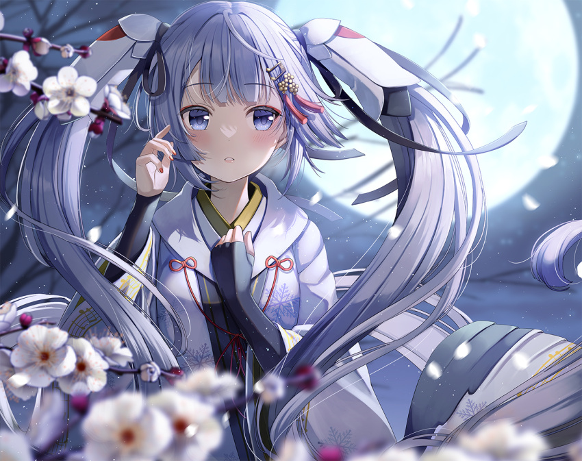 1girl bangs banned_artist beamed_eighth_notes black_gloves black_ribbon blue_eyes blue_hair blurry blurry_foreground blush branch commentary depth_of_field eyebrows_visible_through_hair fingerless_gloves flower full_moon gloves hair_ornament hair_ribbon hand_up hands_up hatsune_miku japanese_clothes kimono long_hair looking_at_viewer moon musical_note musical_note_hair_ornament nail_polish night outdoors red_nails ribbon single_fingerless_glove snowflake_print solo twintails upper_body very_long_hair vocaloid white_flower white_kimono yuki_miku yuki_miku_(2018) yuuka_nonoko