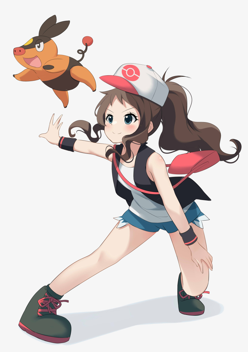 1girl absurdres bag baseball_cap black_vest black_wristband blue_eyes blue_shorts boots brown_hair closed_mouth floating_hair full_body hat high_ponytail highres hilda_(pokemon) ikazu401 long_hair outstretched_arm pink_bag pokemon pokemon_(creature) pokemon_(game) pokemon_bw shirt short_shorts shorts shoulder_bag sidelocks sleeveless sleeveless_shirt smile socks squatting tepig vest white_headwear white_shirt wristband