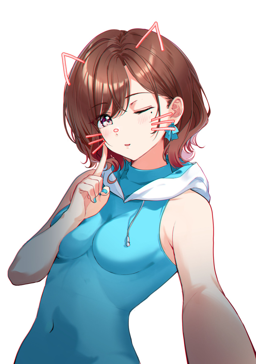 1girl absurdres animal_ears bangs bare_arms bare_shoulders blue_bow blue_leotard blue_nails blush bow bow_earrings breasts brown_hair cat_ears covered_navel drawstring earrings eyebrows_visible_through_hair face_filter fake_animal_ears finger_to_cheek highres higuchi_madoka hood hood_down hooded_leotard idolmaster idolmaster_shiny_colors jewelry leotard looking_at_viewer medium_breasts mole mole_under_eye nail_polish nonbire one-hour_drawing_challenge one_eye_closed outstretched_arm parted_lips purple_eyes selfie short_hair simple_background solo swept_bangs upper_body whiskers white_background