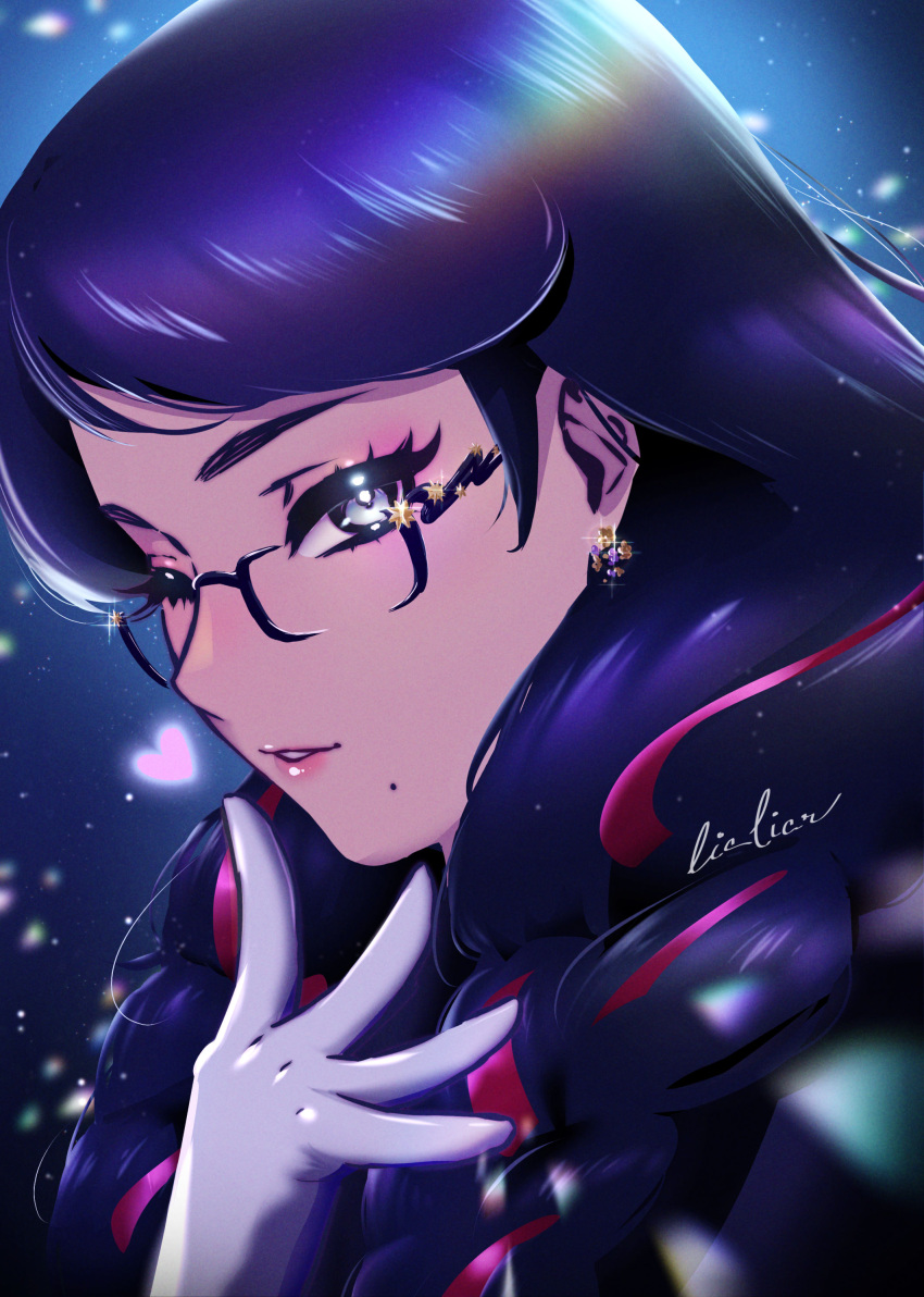 1girl absurdres artist_name bangs bayonetta bayonetta_(series) bayonetta_3 black_hair braid commentary earrings eyeshadow glasses gloves hand_up highres jewelry kiss lialiar1 lips long_hair looking_at_viewer makeup mole mole_under_mouth multicolored_hair one_eye_closed parted_lips red_hair shiny shiny_hair signature simple_background smile solo tied_hair twin_braids twintails two-tone_hair upper_body white_gloves