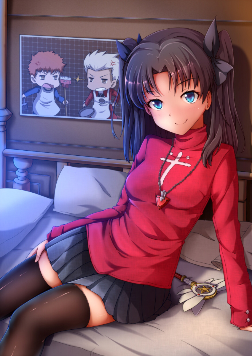1girl 2boys anger_vein archer_(fate) arm_support black_hair black_ribbon black_skirt blue_eyes breasts broom emiya_shirou fate/hollow_ataraxia fate/stay_night fate_(series) frying_pan grey_hair highres jewelry kaiyi kaleidostick long_hair looking_at_viewer magical_ruby medium_breasts multiple_boys necklace on_bed pillow red_hair red_sweater ribbon skirt smile sweater thighhighs tohsaka_rin turtleneck two_side_up yellow_eyes zettai_ryouiki