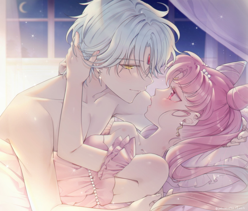 +1_(yakusoku0722) 1boy 1girl bishoujo_senshi_sailor_moon blush chibi_usa collarbone commentary_request couple crescent crescent_facial_mark double_bun dress earrings facial_mark forehead_mark hair_ornament helios_(sailor_moon) hetero highres indoors jewelry lips long_hair looking_at_another lying on_back open_mouth pillow pink_dress pink_eyes short_hair silver_hair yellow_eyes