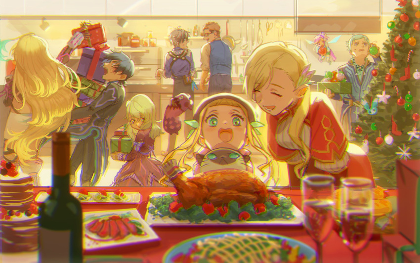 4boys 5girls black_hair blonde_hair bottle brothers cat chicken_(food) christmas christmas_tree commentary_request elize_lutus elle_mel_martha fairy fairy_wings food gift glasses green_hair hair_ornament highres indoors ix_nieves jude_mathis julius_will_kresnik karia_(tales) ludger_will_kresnik lulu_(tales) meipu_hm mileena_weiss milla_maxwell multicolored_hair multiple_boys multiple_girls necktie open_mouth pants shirt siblings side_ponytail suspenders table tales_of_(series) tales_of_the_rays tales_of_xillia tales_of_xillia_2 teepo_(tales) two-tone_hair vest wine_bottle wings