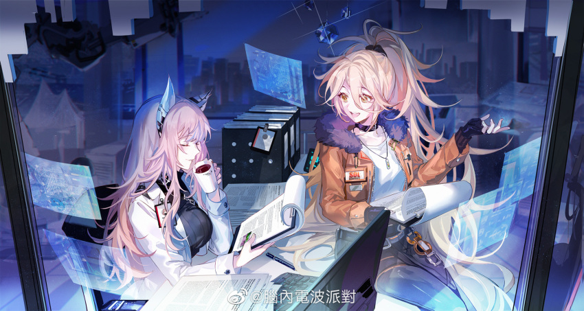2girls animal_ears black_gloves blonde_hair breasts cat_ears character_name chinese_commentary choker clipboard closed_eyes coffee collarbone commentary_request cup desk fingerless_gloves fur_collar girls'_frontline girls'_frontline_neural_cloud gloves hair_ornament hair_scrunchie highres holding holding_clipboard holding_cup id_card jacket jewelry kanose keyboard_(computer) labcoat large_breasts long_hair long_sleeves looking_at_another monitor mug multiple_girls necklace on_desk open_mouth orange_jacket paper persicaria_(girls'_frontline_nc) pink_hair ponytail ribbed_shirt scrunchie shirt smile sol_(girls'_frontline_nc) weibo_username white_shirt yellow_eyes